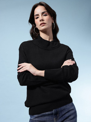 Glitchez Solid High Neck Casual Women Black Sweater