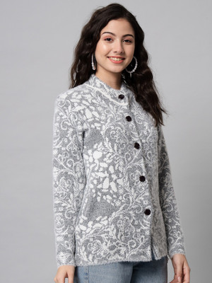 eWools Printed Round Neck Casual Women Black Sweater