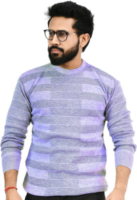 Life and style Self Design Round Neck Casual Men Light Blue Sweater