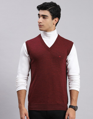 MONTE CARLO Solid V Neck Casual Men Maroon Sweater