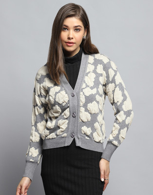 MONTE CARLO Self Design V Neck Casual Women Grey Sweater