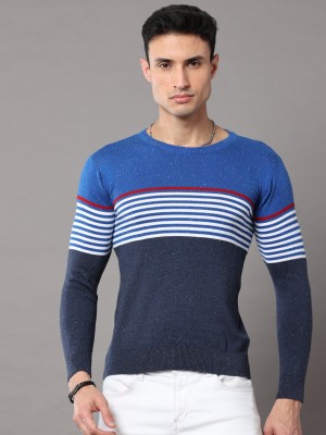 U&K Fashions Striped Round Neck Casual Men Blue Sweater