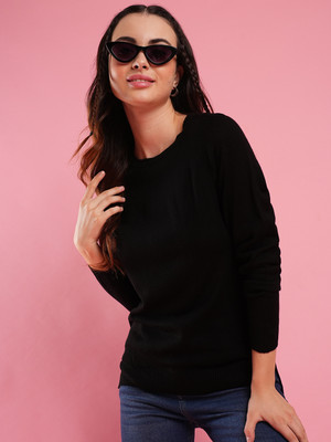 Globus Solid Round Neck Casual Women Black Sweater