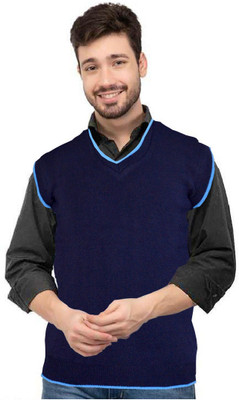 Hans Fashion ENT Self Design V Neck Casual Men Blue Sweater