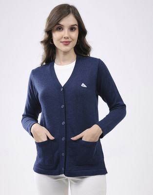 MONTE CARLO Woven V Neck Casual Women Blue Sweater