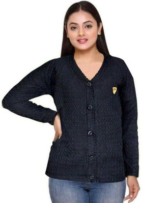 CRAFTWELL Solid V Neck Casual Women Dark Blue Sweater