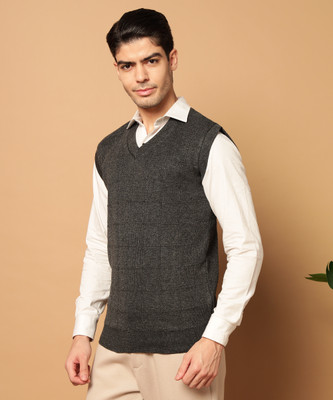 WILLEY Solid V Neck Casual Men Grey Sweater