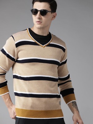 Roadster Printed V Neck Casual Men Yellow Sweater