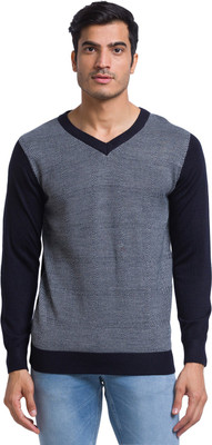 PARX Solid V Neck Casual Men Blue Sweater