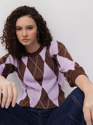 Roadster Self Design Round Neck Casual Women Brown Sweater