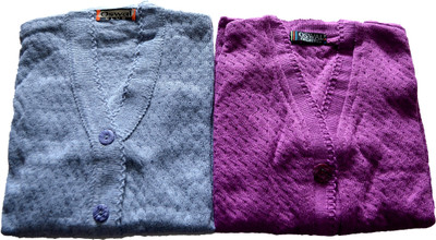 Shunit creation Self Design V Neck Lounge Wear Women Grey, Purple Sweater