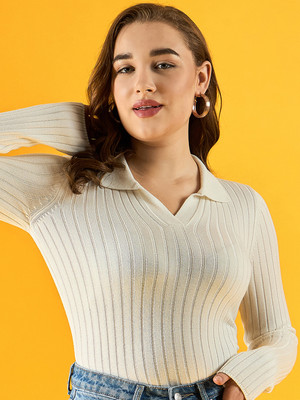 98 Degree North Solid Collared Neck Casual Women White Sweater