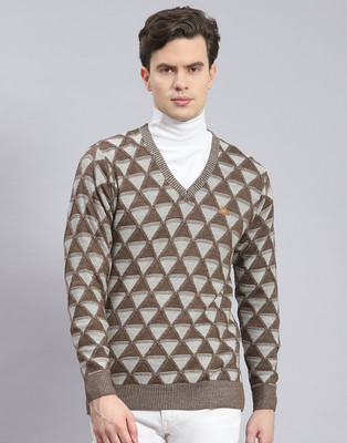MONTE CARLO Self Design V Neck Casual Men Brown Sweater
