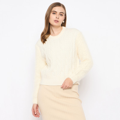 MADAME Solid Crew Neck Casual Women Beige Sweater