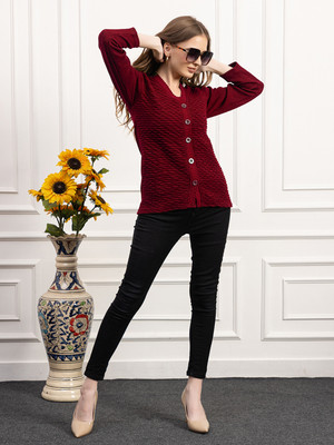 dadu dayal Self Design V Neck Party Women Maroon Sweater