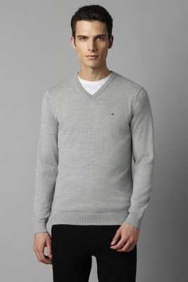 LOUIS PHILIPPE Self Design V Neck Casual Men Grey Sweater