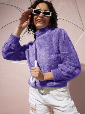 THE DRY STATE Self Design High Neck Casual Women Purple Sweater