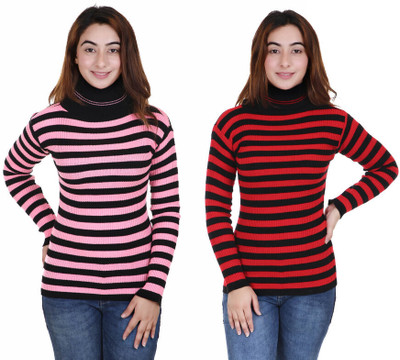 100LUCK Striped High Neck Casual Women Multicolor Sweater