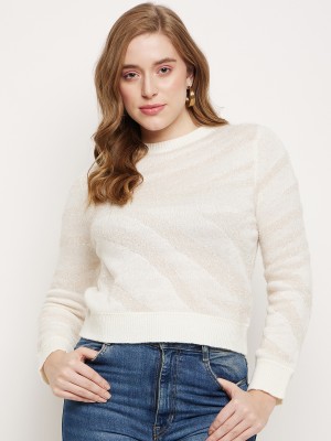 MADAME Solid Round Neck Casual Women White Sweater