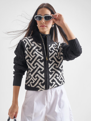 Tokyo Talkies Self Design High Neck Casual Women Black Sweater