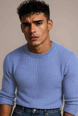 FREAKS Solid Round Neck Casual Men Blue Sweater