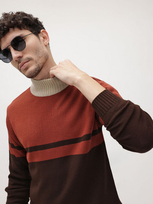 Roadster Colorblock High Neck Casual Men Red Sweater