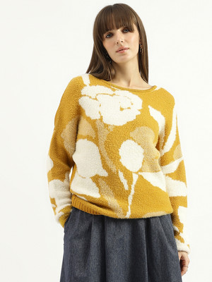 United Colors of Benetton Floral Print Round Neck Casual Women Yellow Sweater