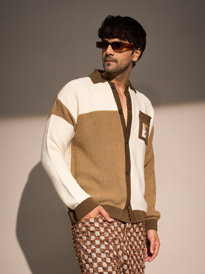 FUGAZEE Colorblock Collared Neck Casual Men Beige, Brown Sweater