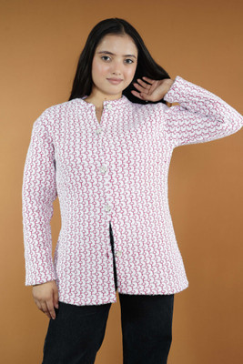 CreativePanther Self Design Mandarin Neck Casual Women Red, White Sweater