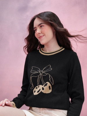 Dressberry Self Design Round Neck Casual Women Black Sweater