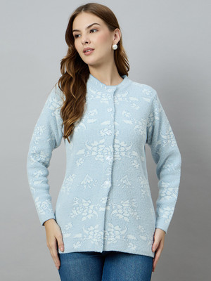 DUKE Floral Print Round Neck Casual Women Blue Sweater