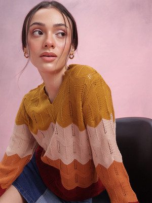 Dressberry Colorblock V Neck Casual Women Yellow Sweater