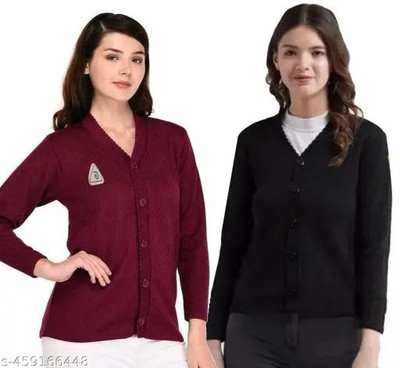SHRIGANESH ENTERPRISES Solid V Neck Casual Women Maroon, Black Sweater