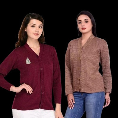 LUXURIOUS DESIGN Solid V Neck Casual Women Maroon, Brown Sweater