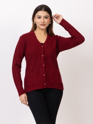 TWENTY ME Self Design V Neck Casual Women Maroon Sweater