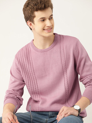 Mast & Harbour Self Design Round Neck Casual Men Pink Sweater