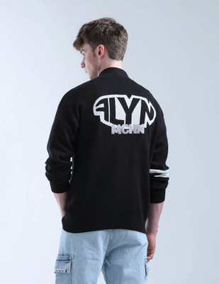 FLYING MACHINE Self Design V Neck Casual Men Black Sweater