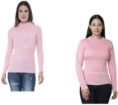 Indistar Solid High Neck Casual Women Pink Sweater