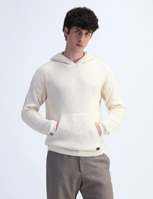 FLYING MACHINE Solid Hooded Neck Casual Men White Sweater