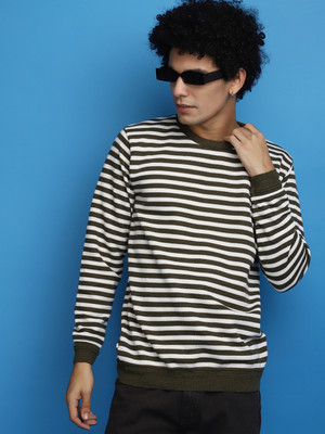 V-MART Woven Round Neck Casual Men Green, White Sweater