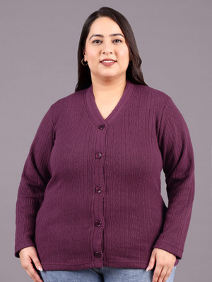 hifzaa Self Design V Neck Casual Women Purple Sweater