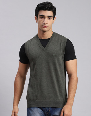 MONTE CARLO Solid V Neck Casual Men Dark Green Sweater