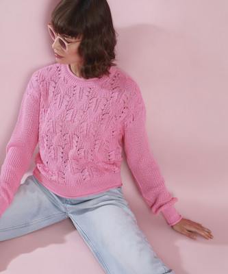 VERO MODA Self Design Round Neck Casual Women Pink Sweater