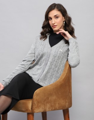 MONTE CARLO Self Design V Neck Casual Women Grey Sweater