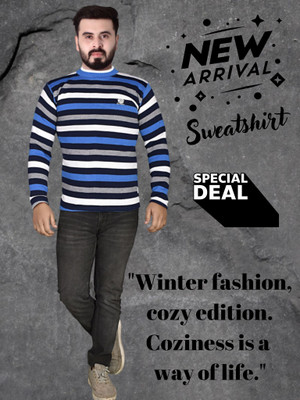 Marc Luarente Striped Round Neck Casual Men Blue Sweater