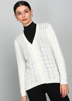 MONTE CARLO Self Design V Neck Casual Women White Sweater