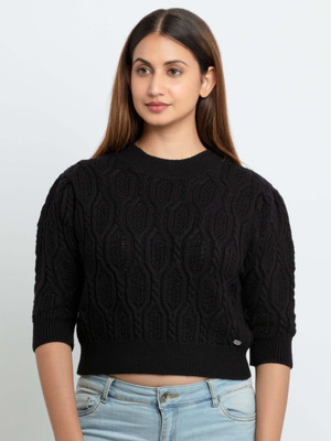 Status Quo Solid Round Neck Casual Women Black Sweater