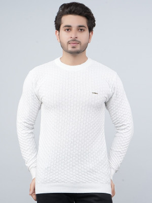 FEVERFEW Self Design Round Neck Casual Men White Sweater