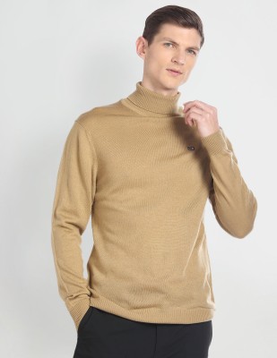 Arrow Sport Solid Turtle Neck Casual Men Beige Sweater