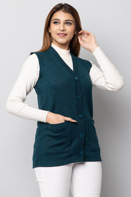 hifzaa Solid V Neck Casual Women Blue Sweater